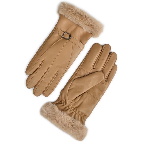 Harssidanzar Women's Khaki Winter Warm Lined With Fur Cuff Leather Gloves - Picture 2 of 7